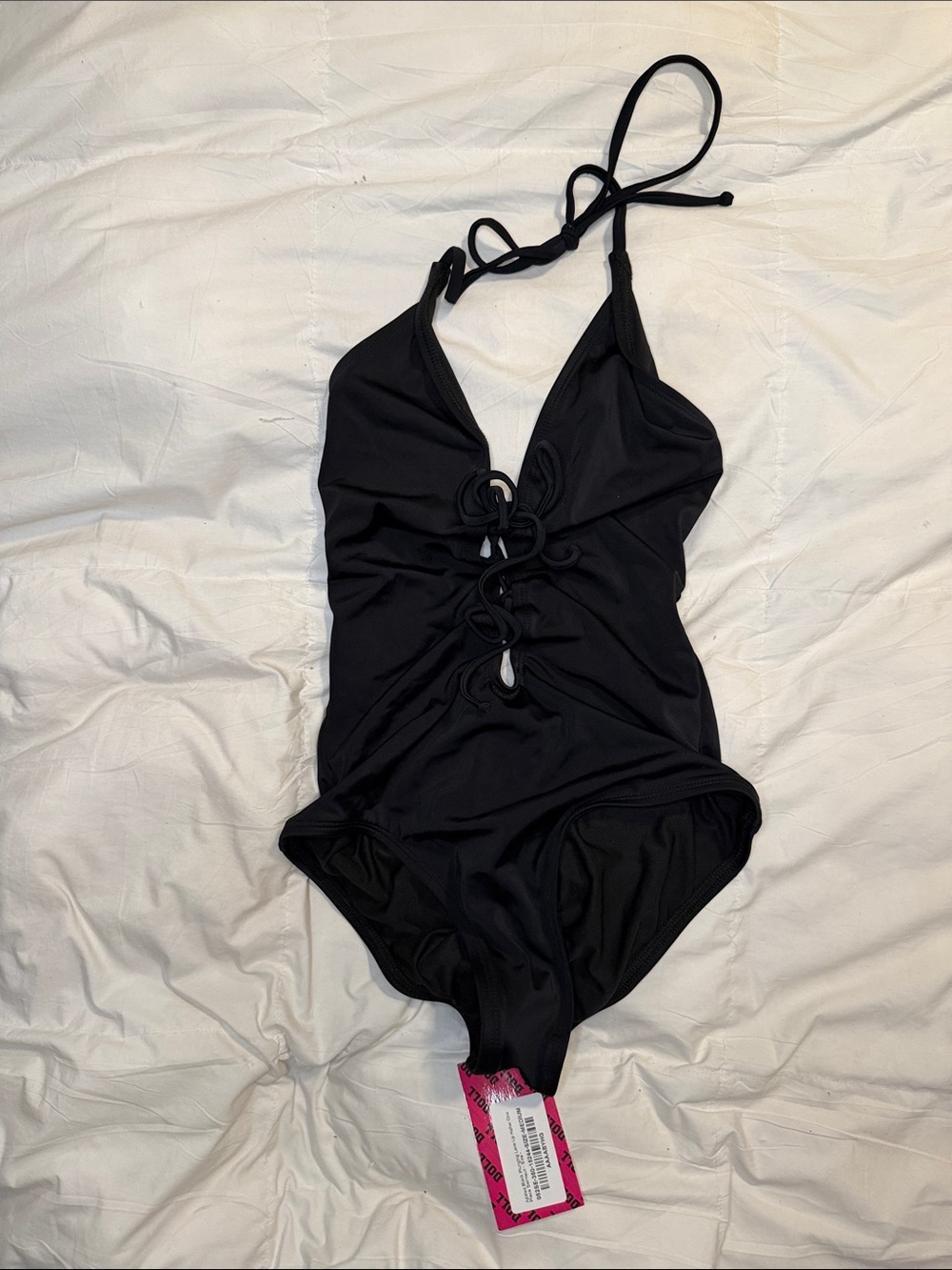 Doll Swimwear Azalea Black Plunging Lace-Up Halter One-Piece Swimsuit – Medium
